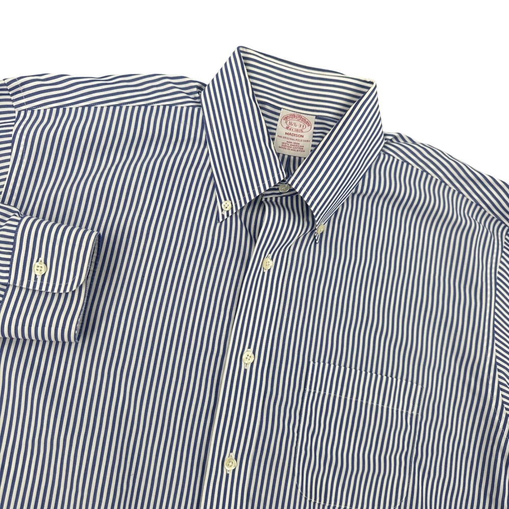 Brooks Brothers Madison Shirt Mens 16.5 33 Blue White Stripe Supima Cotton‎ 737